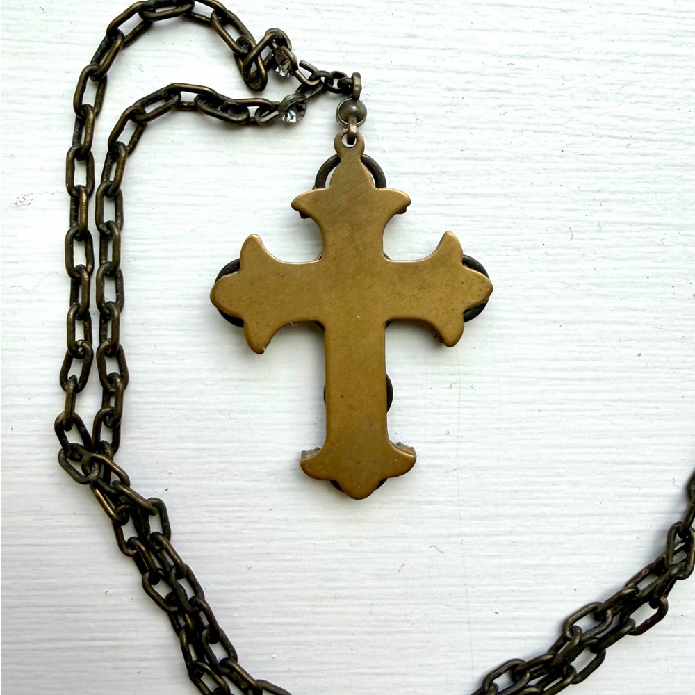 Vintage Burnished Gold and Crystal Cross Pendant Necklace by Belladonna - Picture 6 of 6